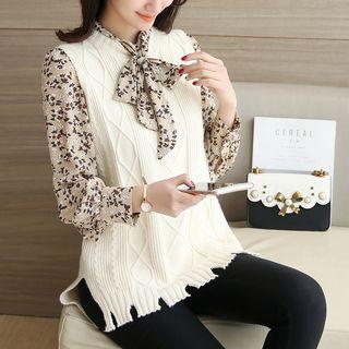 Set: Bow Neck Blouse + Knit Vest