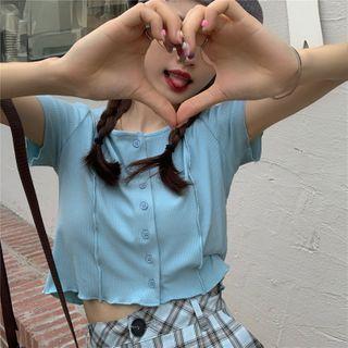 Plain Short-sleeved Cropped Top / Plaid Pants