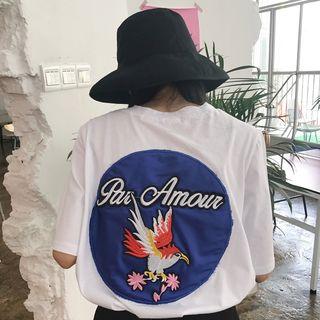 Applique Back Elbow-sleeve T-shirt