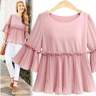 3/4-sleeve Pleated Panel Chiffon Top
