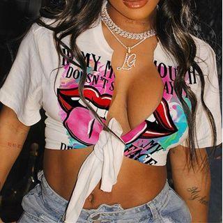 Short-sleeve Lace-up Print Cropped Shirt
