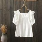 Square-neck Lace Trim Short-sleeve Blouse White - One Size