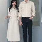 Couple Matching Tie Waist Long-sleeve Midi Dress / Plain Shirt