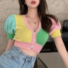 Short-sleeve Color Block Knit Crop Top Green & Yellow & Pink - One Size
