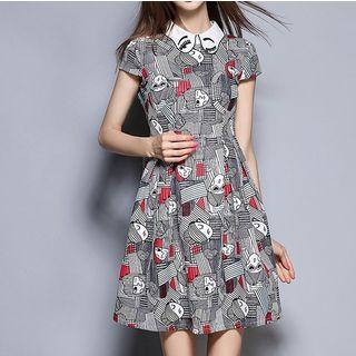 Collared Printed Short Sleeve A-line Dress