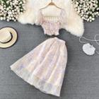 Set: Smocked Floral Crop Blouse + A-line Skirt