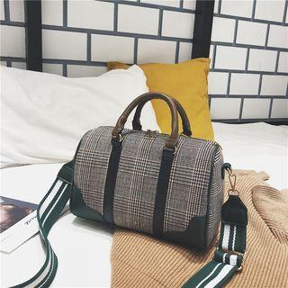 Plaid Boston Bag With Shoulder Strap Green - One Size