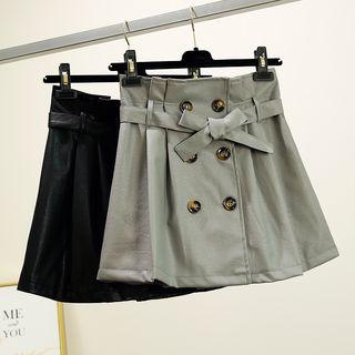 Double-breasted Faux Leather Mini A-line Skirt