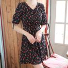 Drawstring-front Tie-cuff Floral Minidress
