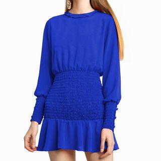 Lantern-sleeve Crewneck Ruffled Hem Dress
