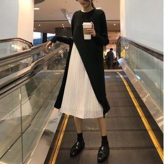 Set: Pleated Midi A-line Dress + Long-sleeve Slit Long Knit Top