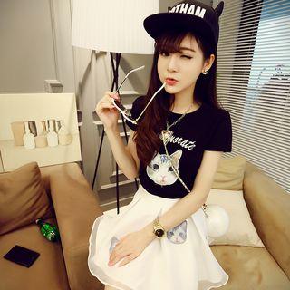 Set: Printed Short-sleeve T-shirt + High Waist Mini Skirt