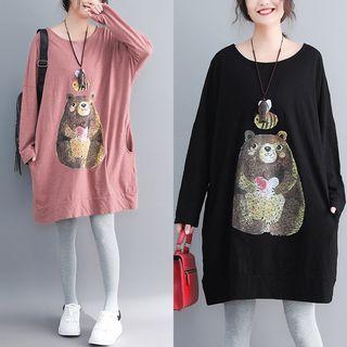 Bear Print Long-sleeve T-shirt Dress