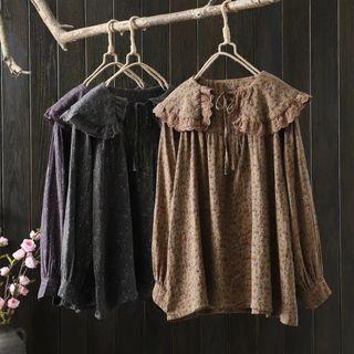 Long-sleeve Wide-collar Floral Print Blouse