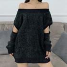 Off-shoulder Loose-fit Sweater Dark Gray - One Size