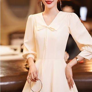 Puff-sleeve Plain A-line Evening Dress
