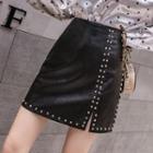 Studded Faux Leather Split Hem A-line Skirt