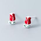 925 Sterling Silver Rose Earring Red - One Size