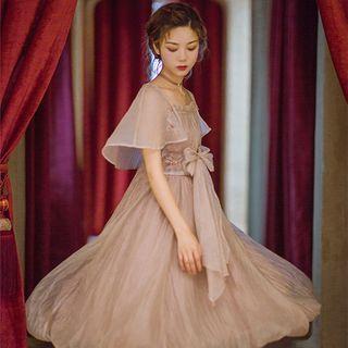 Set: Spaghetti Strap Floral Embroidered Midi A-line Dress + Cape