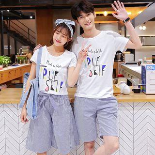 Couple Matching Set: Short Sleeve T-shirt + Striped Shorts/ Culottes