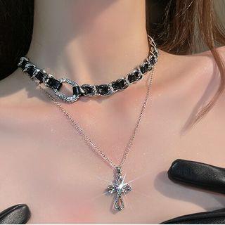 Set: Cross Pendant Alloy Necklace + Choker Silver - One Size