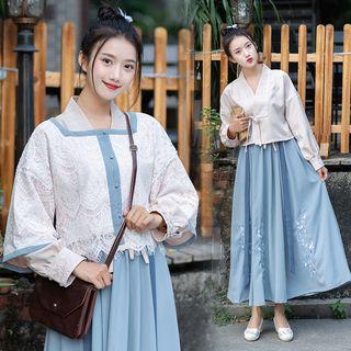 3/4-sleeve Lace Jacket / Flower Embroidered A-line Maxi Skirt / Wrap Top / Set