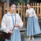 3/4-sleeve Lace Jacket / Flower Embroidered A-line Maxi Skirt / Wrap Top / Set