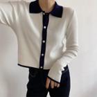 Contrast Trim Collared Cropped Knit Cardigan