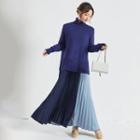 Long-sleeve Mock Two-piece Pleated Maxi Dress Dark Blue - One Size