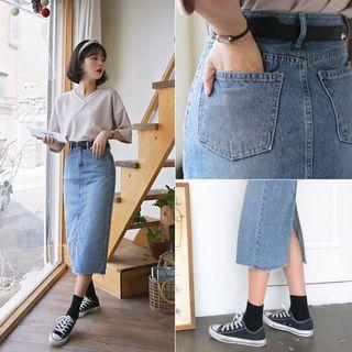 Distressed H-line Midi Denim Skirt