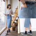 Distressed H-line Midi Denim Skirt