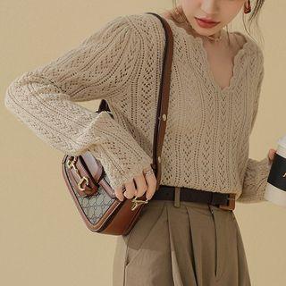 Notch-neck Pointelle Knit Top