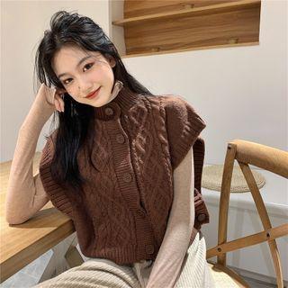 Long-sleeve Plain Floral Top / Loose-fit Knit Vest