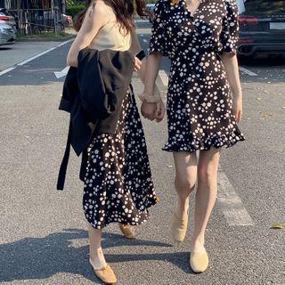 Floral Short-sleeve Mini A-line Dress / Midi A-line Skirt