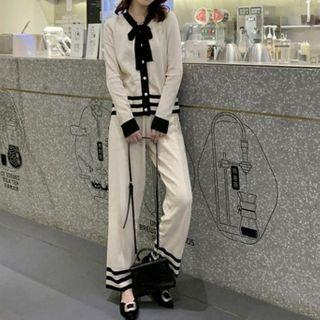 Set: Bow Accent Contrast Trim Sweater + Cropped Wide-leg Pants