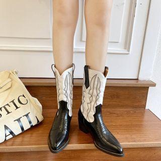 Embroidered Chunky Heel Mid-calf Boots