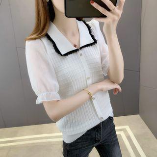 Short-sleeve Lace Trim Collar Knit Top