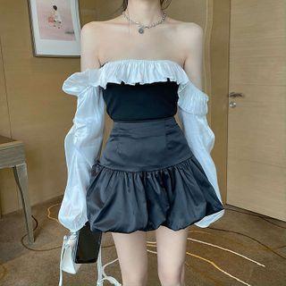 Off-shoulder Contrast Top / High-waist Skirt