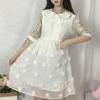 Flower Detail Elbow-sleeve A-line Dress White - One Size