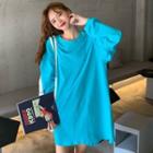 Long-sleeve Lettering Oversized T-shirt Blue - One Size