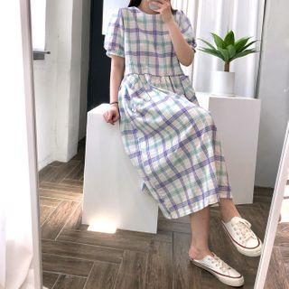 Short-sleeve Plaid Midi Dress White - One Size