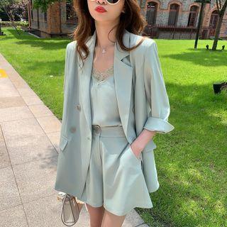 Set: Plain Blazer + Camisole Top + Wide Leg Shorts