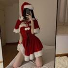 Fluffy Trim Cape / Spaghetti Strap Lace Up Mini A-line Dress / Christmas Hat / Set