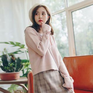 V-neck Tie-cuff Rib Knit Sweater