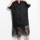 Lace Hem Elbow-sleeve Midi Shirt Dress