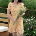 Short-sleeve V-neck Floral Ruffle Trim Wrap Dress (various Designs)