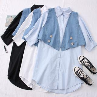 Set: Elbow-sleeve Shirtdress + Denim Vest