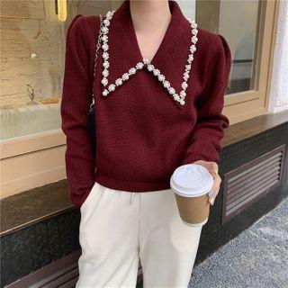 V-neck Knit Sweater Wine Red - One Size