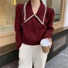 V-neck Knit Sweater Wine Red - One Size