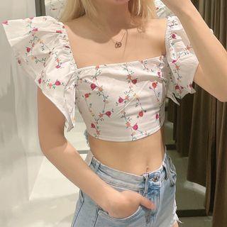 Floral Print Flutter-sleeve Crop Blouse